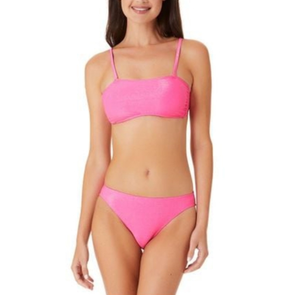 California Waves Metallic Shine Bandeau Top and‎ Hipster Bottom Bikini Set Pink